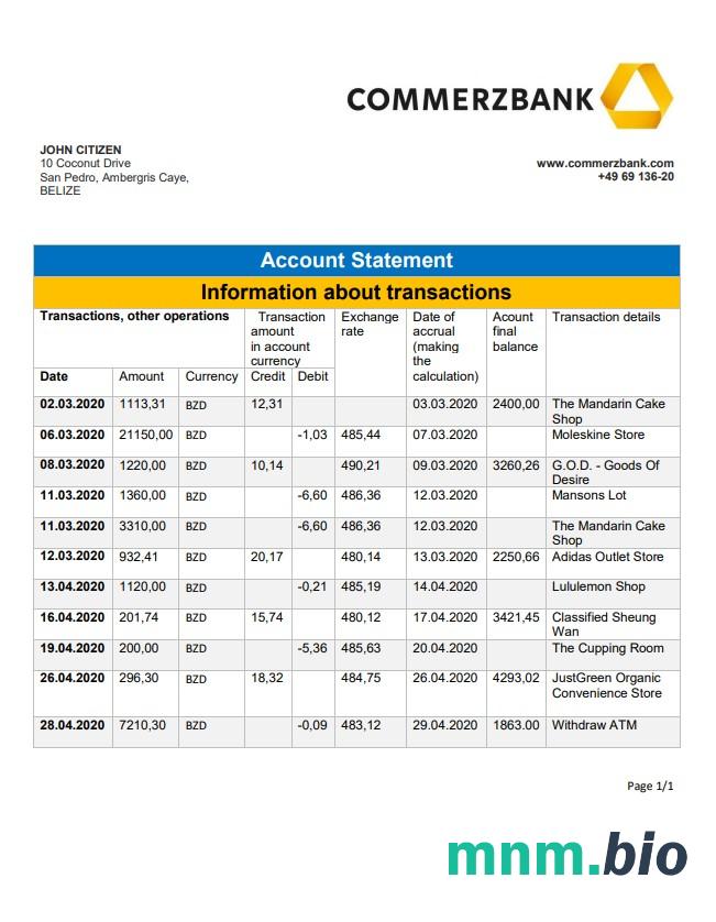 Wyciąg bankowy Belize Commerzbank łatwy do wypełnienia szablon w formacie Excel i PDF